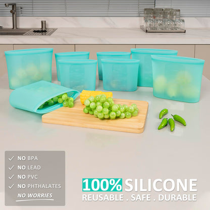 Reusable Food Bags, 12 Pack 100% Silicone Food Storage Bags Stand Up Zip Lock Container, Freezer Microwave Oven Dishwasher Safe, 4 Medium 4 Small 4 Extra Small, Aqua