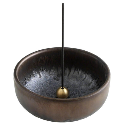 Asayu Japan Zen Incense Holder – 3.9" (100 mm) Ceramic Incense Bowl with Brass Burner, Made in Japan Mino Ware, Modern Wabi-Sabi Style in Metallic Black, Brown & Gold