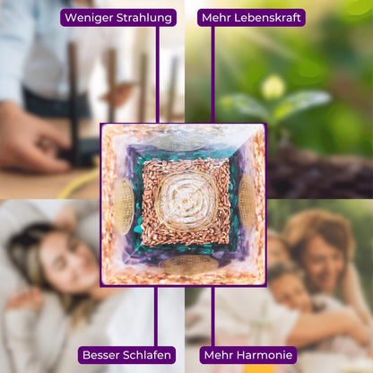 ORGONIC-Art Orgonite Pyramid – Inspired by the Ideas of Wilhelm Reich, with Malachite, Amethyst & Rose Quartz, a Symbol for a harmoniously perceived Atmosphere amid WiFi, 5G & Modern Technology.
