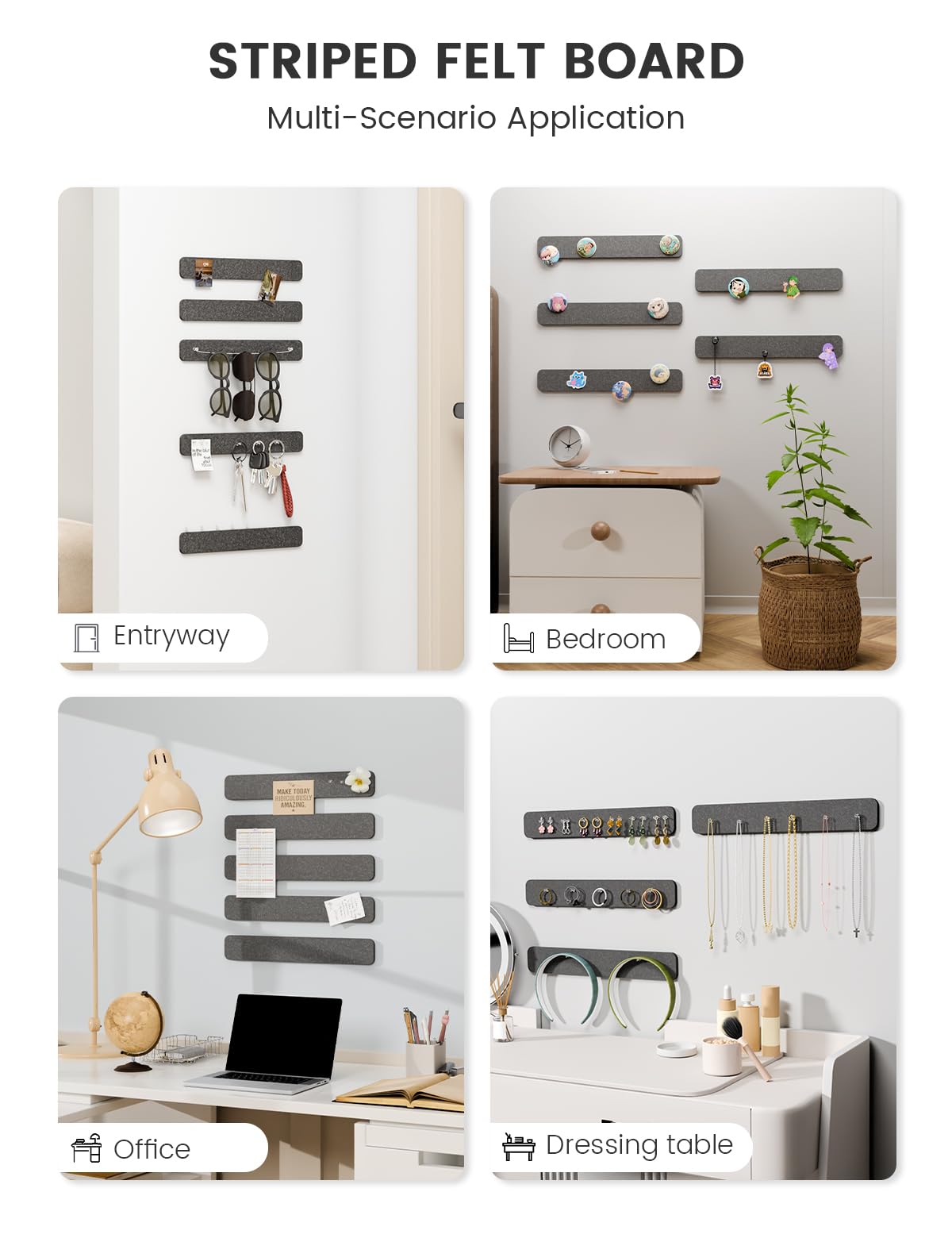 Fluxynara Cork Board Alternative Felt Strip Board 5-Pack 13"x2", Office Pin Board with 35 Push Pins, Adhesive Install for Bedroom Door & Home Office(Charcoal Gray)