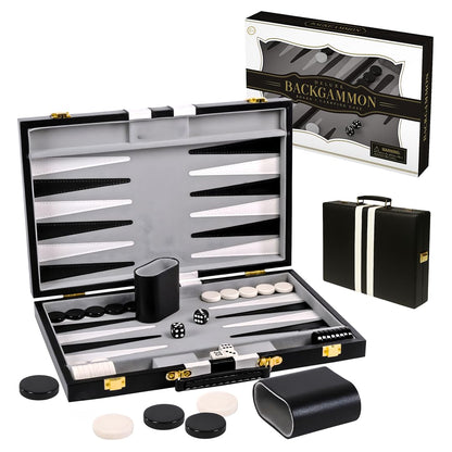 Crazy Games Premium 18 Inches Large Black - Backgammon Sets for Adults and Kids - Leatherette Back Gammon Board Game Set - Travel Backgammon Set Board Encased with Accessories
