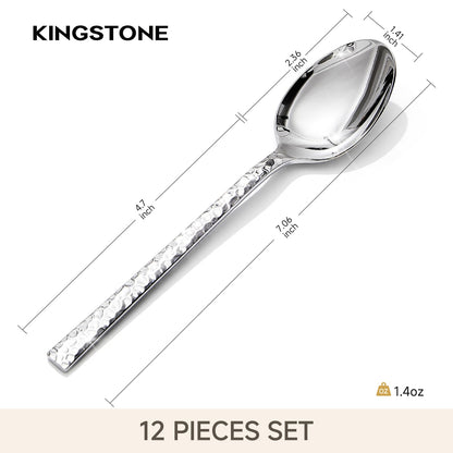 KINGSTONE 12-Piece Hammered Teaspoons Set, 7.06-Inch 18/10 Stainless Steel Tea Spoons, Mirror Finish Small Dessert Spoons, Dishwasher Safe for Home and Kitchen