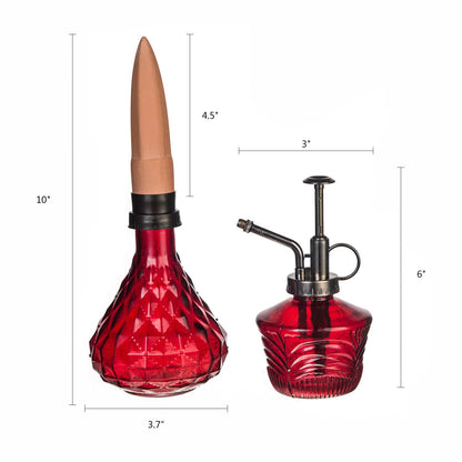Glass Mini Watering Can Vintage Plant Mister Flower Water Spray Bottle and Faceted Glass Plant Watering Globe with Terracotta Spike,Red