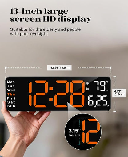 Digital Clock Large Display, 13" Large Wall Clock for Classroom | Big Led Wall Clocks with Remote Control,Date,Week,Alarm,Temp & DST for Bedroom,Living Room,Gym,Office