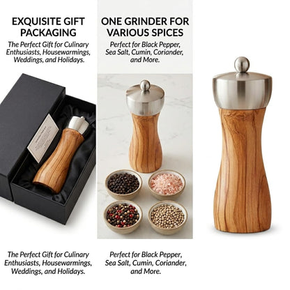 Tephra & Form 6" Olive Wood Pepper Grinder Mill, Adjustable Ceramic Core, Refillable Salt Pepper Shaker Kitchen Gift