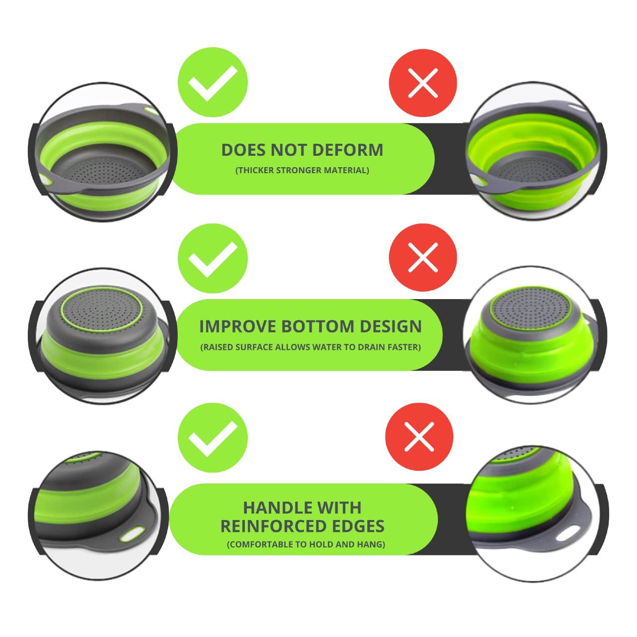 Small Collapsible Colander with Plastic Handles Round Silicone Kitchen Strainers Foldable Kitchen Strainer Perfect for Draining Pasta Vegetable and Fruit Green