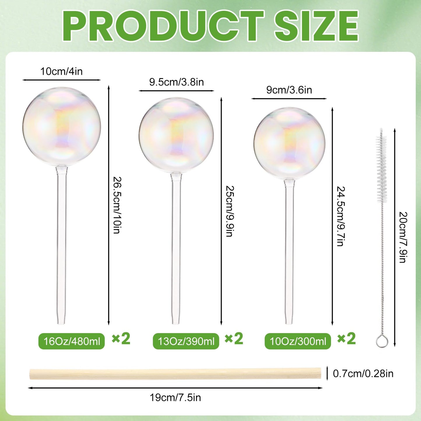 Ferrochef 6 Pcs Iridescent Self Watering Globes Glass Rainbow Plant Self Watering Globes Planter Insert Large Automatic Plant Waterer Bulbs for Planter Indoor Outdoor Garden, 16oz, 13oz, 10oz
