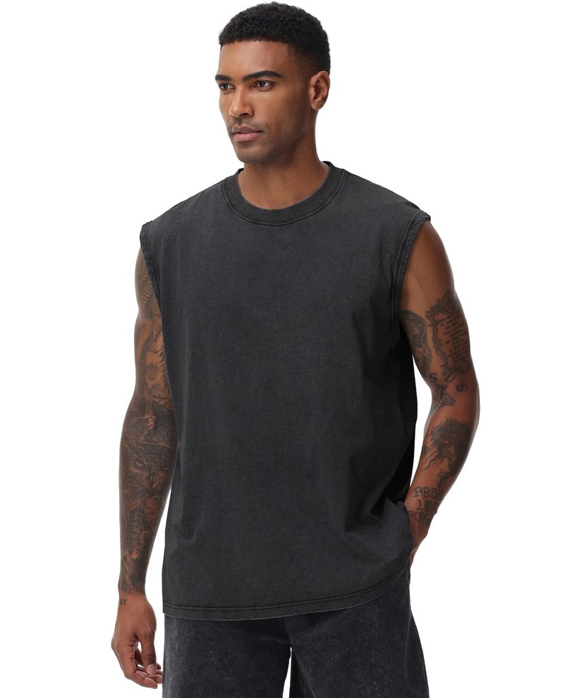 SnowElve 3 Pack Mens Workout Tank Tops Sleeveless Tee Shirts Men Muscle Shirt Gym Acid Wash T Shirts Running Beach Loose Fit Tee(BKAGCF,2XL)