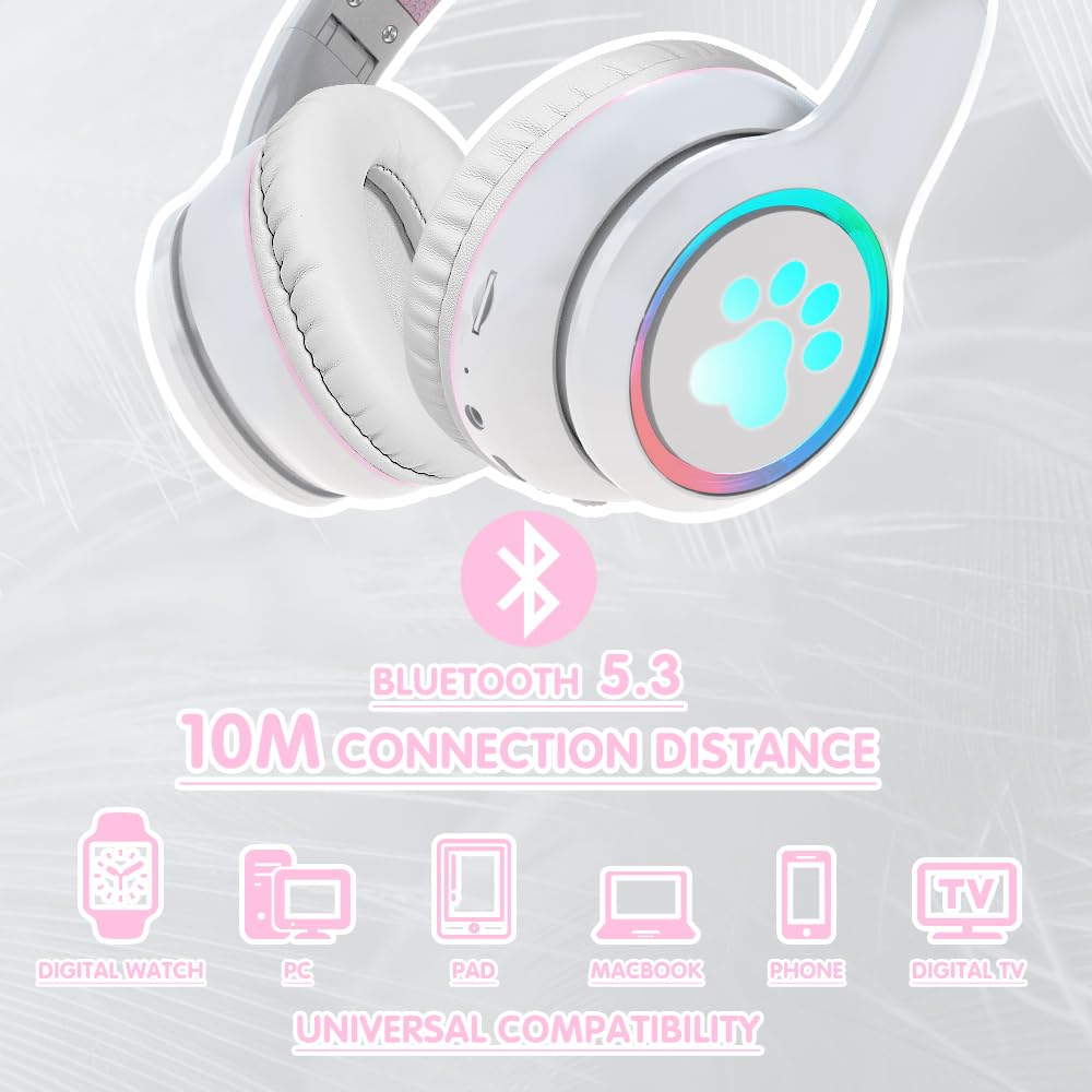 Mokata Gaming Bluetooth 5.0 Wireless Headphones Over Ear Cat Led Light Foldable Music Headset with Aux 3.5mm Microphone (Built-in) for Adult & Kids PC TV Game Music Pad Laptop Cellphone White