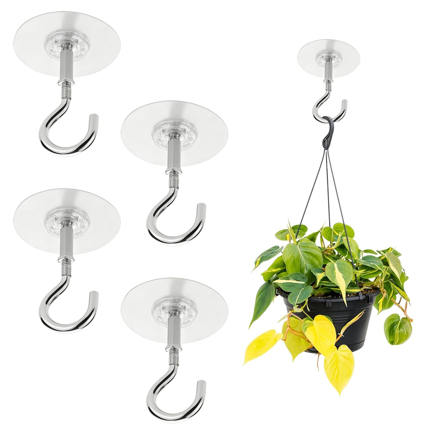 Adhesive Ceiling Hooks 4 Pack, 30lbs Super Heavy Duty Self-Sticking Hangers for Hanging Plants, Lights, Wind Chimes, Lanterns – 8cm Round No Drill Pad, Stainless Steel, Peel & Stick for Smooth