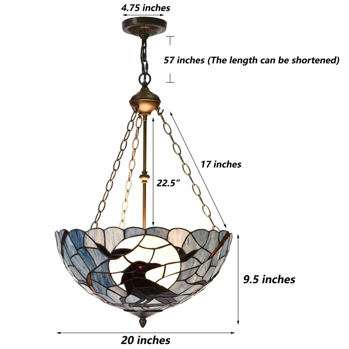 Bieye L12006 Tiffany-Style Stained Glass Raven Ceiling Pendant Light, 3-Light Hanging Ceiling Fixture with Adjustable Chains (Dark Blue, 20 inches Wide)