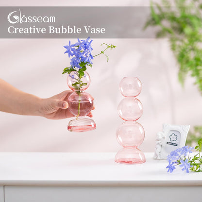 Glasseam Cute Pink Flower Vase, Unique Handmade Glass Vase for Flowers, Aesthetic Small Bud Vase Decor, Modern Ball Round Decorative Propagation Vases for Living Room Dining Table Decorations