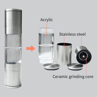 2 in 1 Salt and Pepper Grinder Stainless Steel Pepper Mill Grinder Refillable Adjustable Coarseness Mills for Sea Salt, Small Peppercorn, Black Pepper
