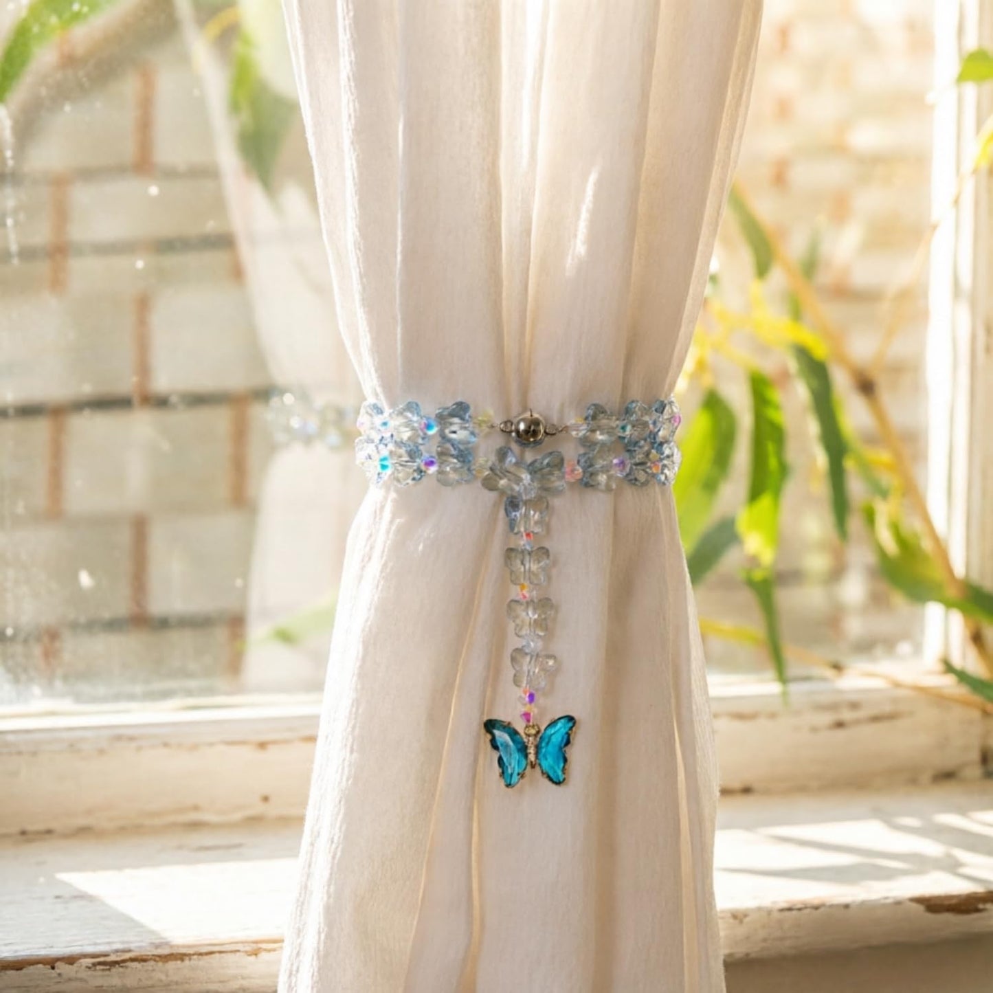 Magnetic Curtain Tiebacks, 2 Pack Crystal Butterfly Beaded Pendants Draperies Holdbacks for Window Home Office Decor (Blue)