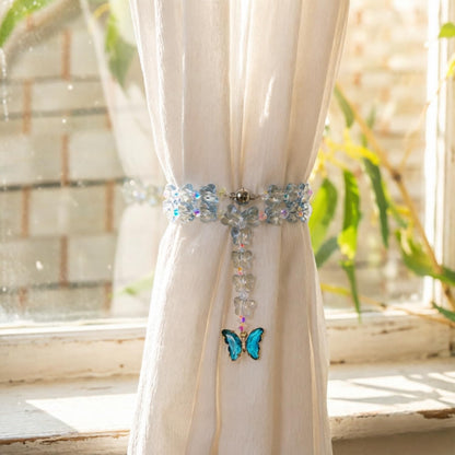 Magnetic Curtain Tiebacks, 2 Pack Crystal Butterfly Beaded Pendants Draperies Holdbacks for Window Home Office Decor (Blue)