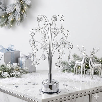 HOHIYA 360° Rotating Ornament Display Stand 15 Hooks Tabletop Christmas Tree Ornament Holder Metal Hanging Display Rack for Crystal Glass Baubles Jewelry and Home Decor Chrome Silver