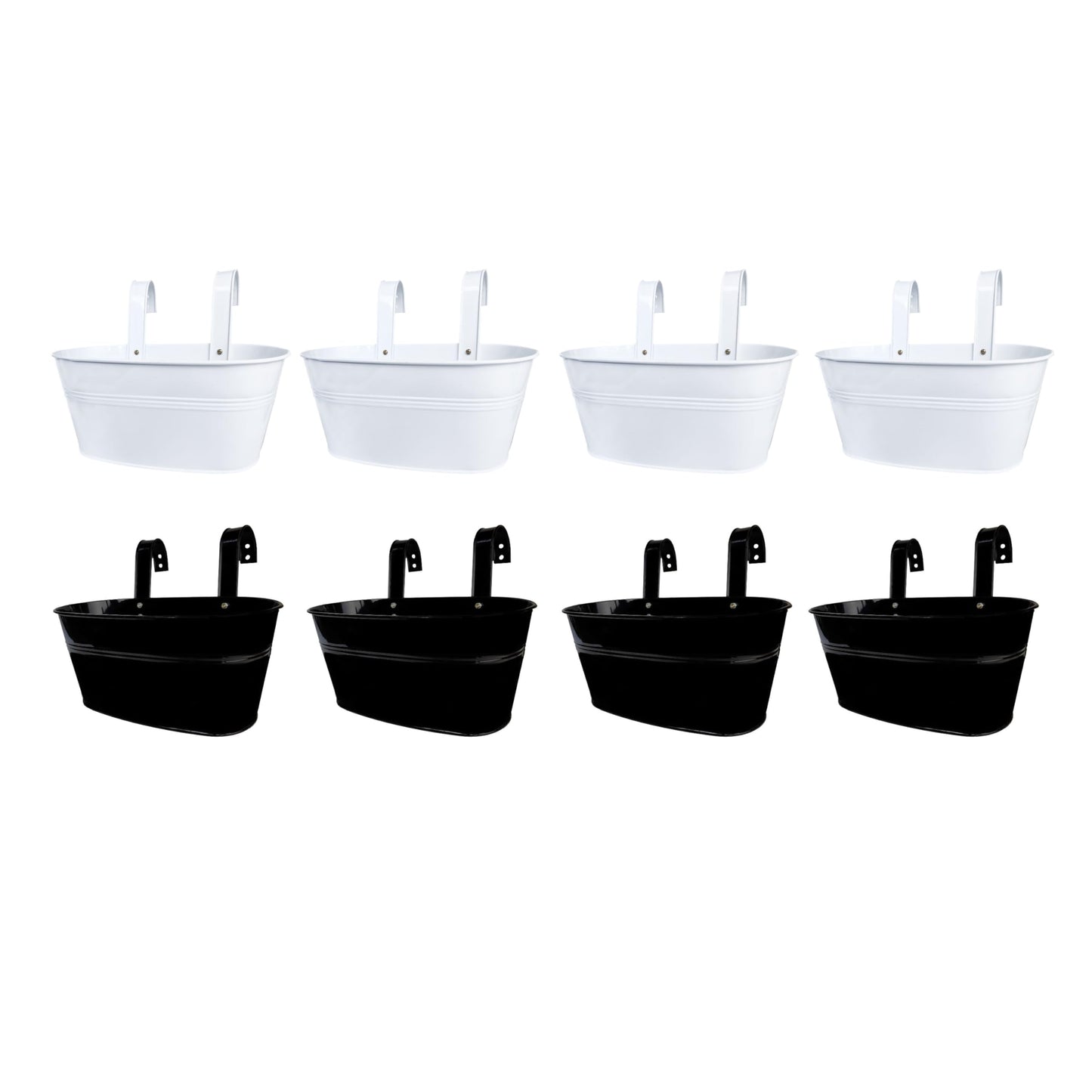 LaLaGreen Bundle - 4 Pack, 11.2 Inch Black + 4 Pack, 11.2 Inch White Rounded Metal Iron Hanging Flower Pot Wall Mount Window Box Plant Holder Deck Railing Fence Patio Porch Modern Garden Outdoor Decor