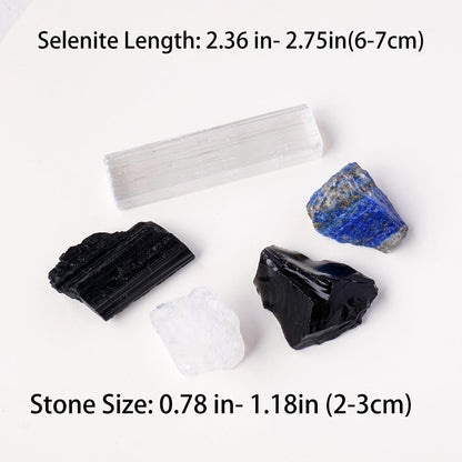 Apengshi Protection Crystal Stone Set for House and Family Protection Set of 5 Pieces Stone Black Tourmaline Clear Quartz Lapis Lazuli Obsidian and Selenite Healing Crystal Stones