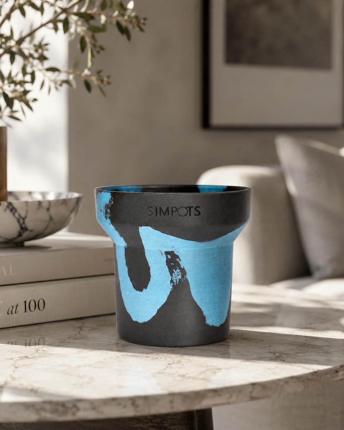 ONE ART Modern Planter Pot, Stone & Recycled Ocean Plastic, Frost Proof Indoor Outdoor Plant Pot for Succulents Flowers Herbs, Unique Hand-Finished Pattern, Lightweight Minimalist Decor (Small)