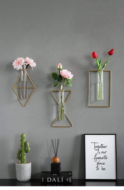 Nordic Wall Vase,Gold Geometric Vase Hanging Hydroponic Planter,Wall-Mounted Metal Glass Tube Bud Vase Decorative for Centerpieces Wedding Home Decor(Gold 1)