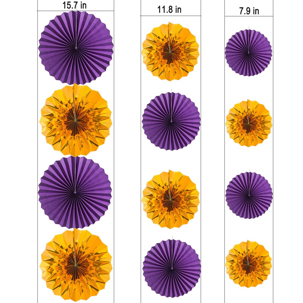 MOWO Purple and Gold Paper Fans Wall Decoration Background Ceiling Hanging Decoration for Halloween Birthday Graduation Theme Party Decoration, 12pc