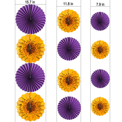MOWO Purple and Gold Paper Fans Wall Decoration Background Ceiling Hanging Decoration for Halloween Birthday Graduation Theme Party Decoration, 12pc