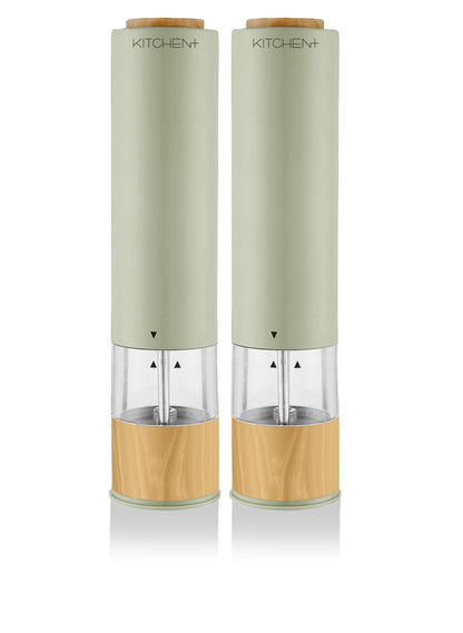 Living+ Electric Salt and Pepper Grinder Set – Automatic Battery Salt & Pepper Mills with Adjustable Grind, Built-In Light, Sleek Matte + Wood Trim Design, Easy Refill, Durable Ceramic Spice Grinder