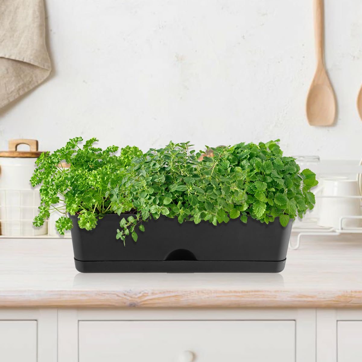 6 Pack Rectangle Planter 16x4.4 Inch Window Boxes Planters Rectangular Large Window Sill Planters Indoor Self Watering Plant Pots with Drainage Holes and Saucers Succulent Herb Flower Pots, Black
