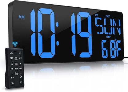 17.2"Large Digital Wall Clock Large Display with Remote Control 180°Visible | Timer with Temperature Date Week Auto DST Adjustable Brightness, for Living Room Classroom Garage Gym Gift for Senior Mom Dad