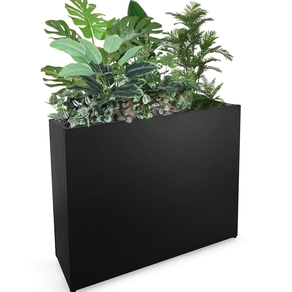 Megawodar Metal Tall Long Planter Box Large Rectangular Planter Flower Pot with Drainage Holes for Indoor Outdoor Deck Porch Garden Home Patio Front Door (Black, 36" L x 10" W x 28" H)