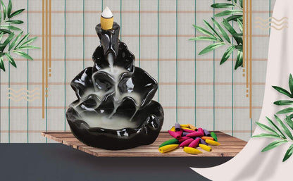 Waterfall Incense Burner Backflow Ceramic Inscents Cone Stick Holder with 10 Cool Back Flow Cones Incent Set