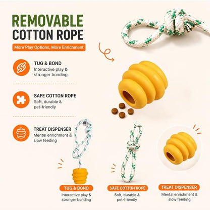 Green Sheep Tug & Enrichment Dog Toy, Interactive Rope Ball Toy with Removable Cotton Rope, Treat Dispensing Natural Rubber Dental Chew Toy for Medium and Large Dogs, Yellow