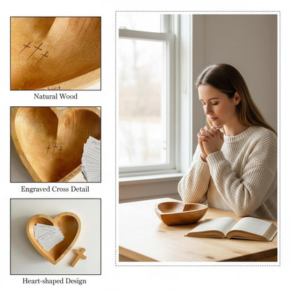 Prayer Bowl with 24 Blessing Cards,Christian Gifts for Women Men, Heart Wood Prayer Dough Bowl, Decor Bowl, Mothers Day Gifts, Birthday, Retirement, Religious Gift for Mom Dad with Storage Bag