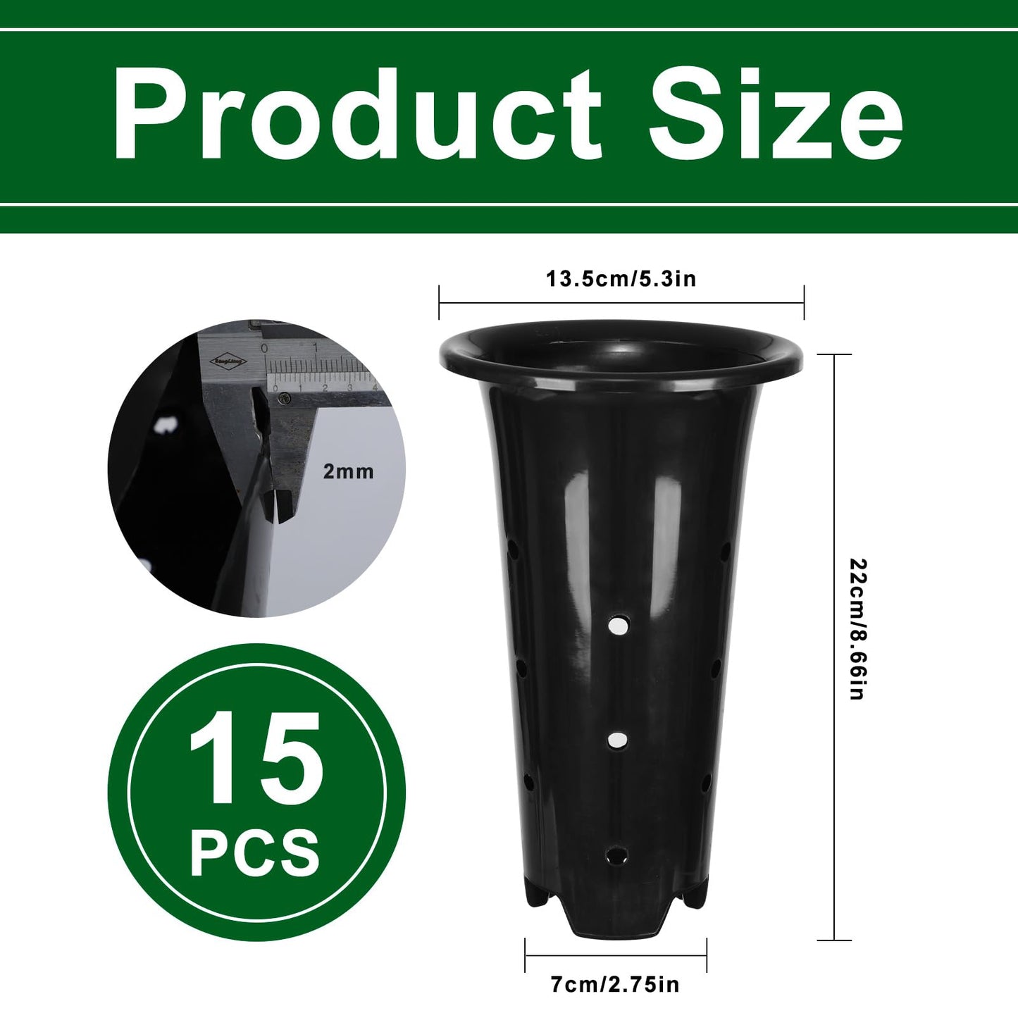 tchrules 15pcs Plastic Deep Plant Nursery Pots,8.66”Tall Tree Pots,Black Deep Seedling Container Pots with Drainage Holes for Indoor Outdoor Gardening (5.3" Wx8.66 H)