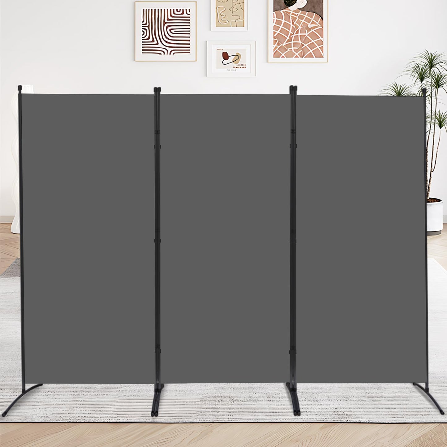 3 Panel Folding Room Divider, 102" Wx71.3 H Portable Wall Divider, Grey