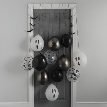 Froova Halloween Balloons Black and White Balloons with 3D Bat Stickers Bat Print Balloon and Black Marble White Ghost Balloon for Happy Halloween Skull Skeleton Spooky Birthday Horror Party Decor