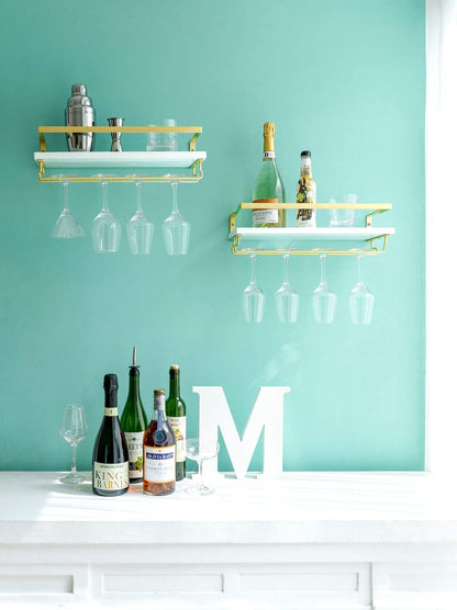 Mkono Wall Mounted Wine Rack Set of 2 White Wood Wine Bottle Glass Holder Floating Shelves with Stemware Hanger Modern Plants Photos Wine Display Storage Holder for Kitchen Dining Room Bar, 17 Inch