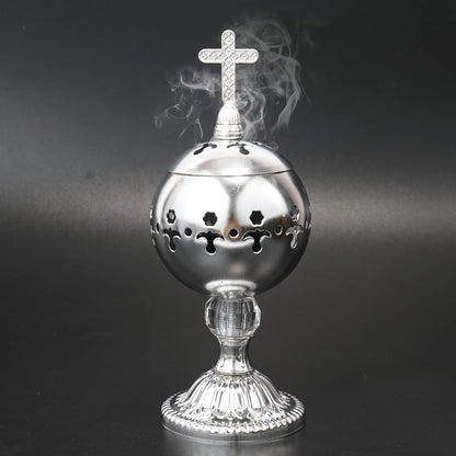 Nazareth Store Silver Charcoal Incense Burner Catholic Cross Censer Brass Plated Distiller for Church and Home