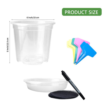 GLNHUR Transparent Plant Pot with Drainage Holes, Flower/Seed Starter Pots,Clear Plastic Nursery Pots for Plants with Plant Labels+Saucers+Mesh Pads+Marker (6 inch * 15)