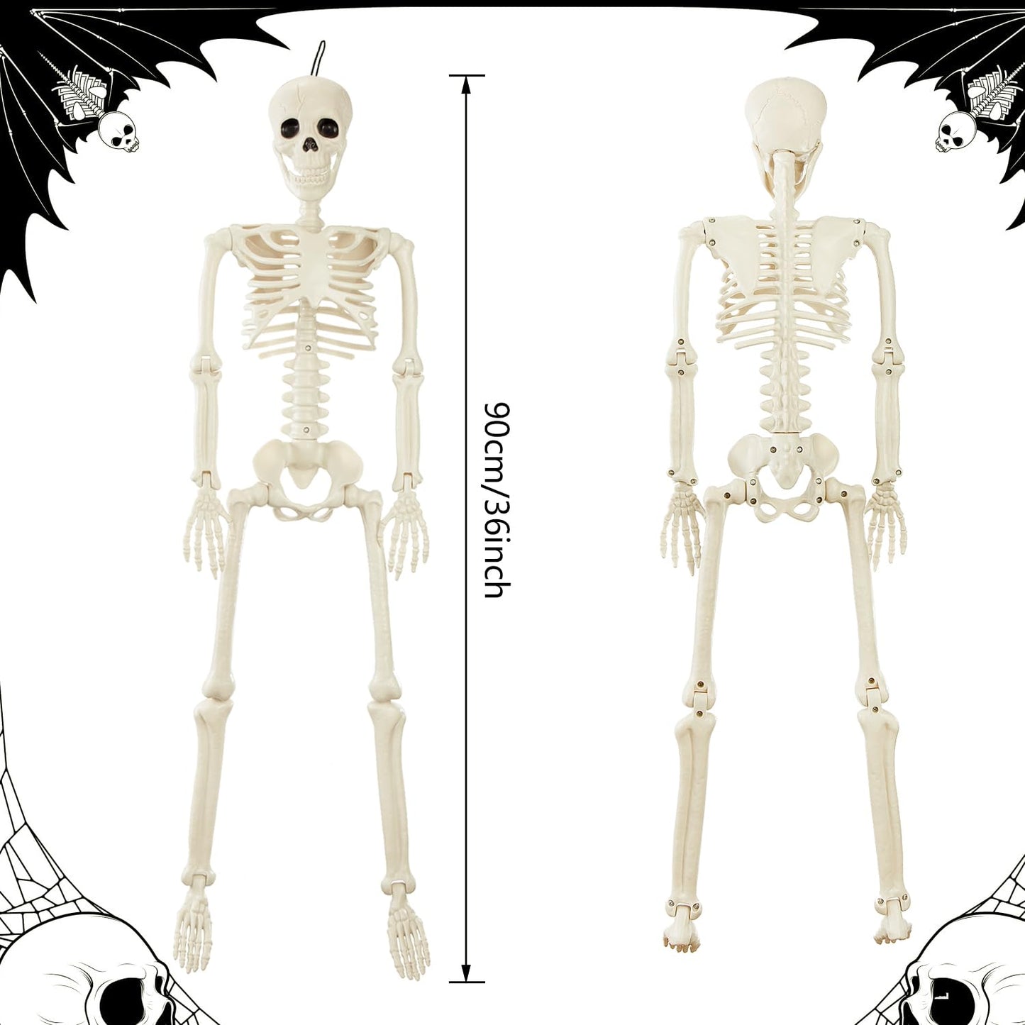 JIALWEN 36" Halloween Posable Skeleton Decorations, 3FT Realistic Plastic Human Full Body Bones with Movable Joints Skeleton for Haunted House Graveyard Props Indoor Outdoor Halloween Party Supplies