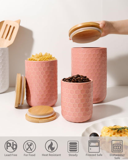 ZEBERBO Kitchen Canisters Set with Airtight Bamboo Lid, Pink Honeycomb Design, Ceramic Canister Set of 3, Sugar Flour Coffee Containers for Countertop, Food Storage Container Jars Set