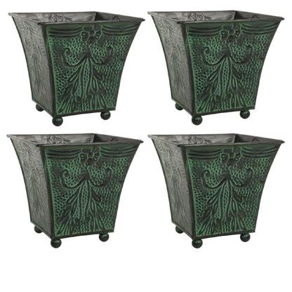 Hosley Set of 4 Green Patina Embossed Metal Planters with Ornate Floral Design, 5.25" L x 5.25" W x 5" H – Ideal for Floral Arrangements, Home Décor, Garden Accents, Rustic Weddings.