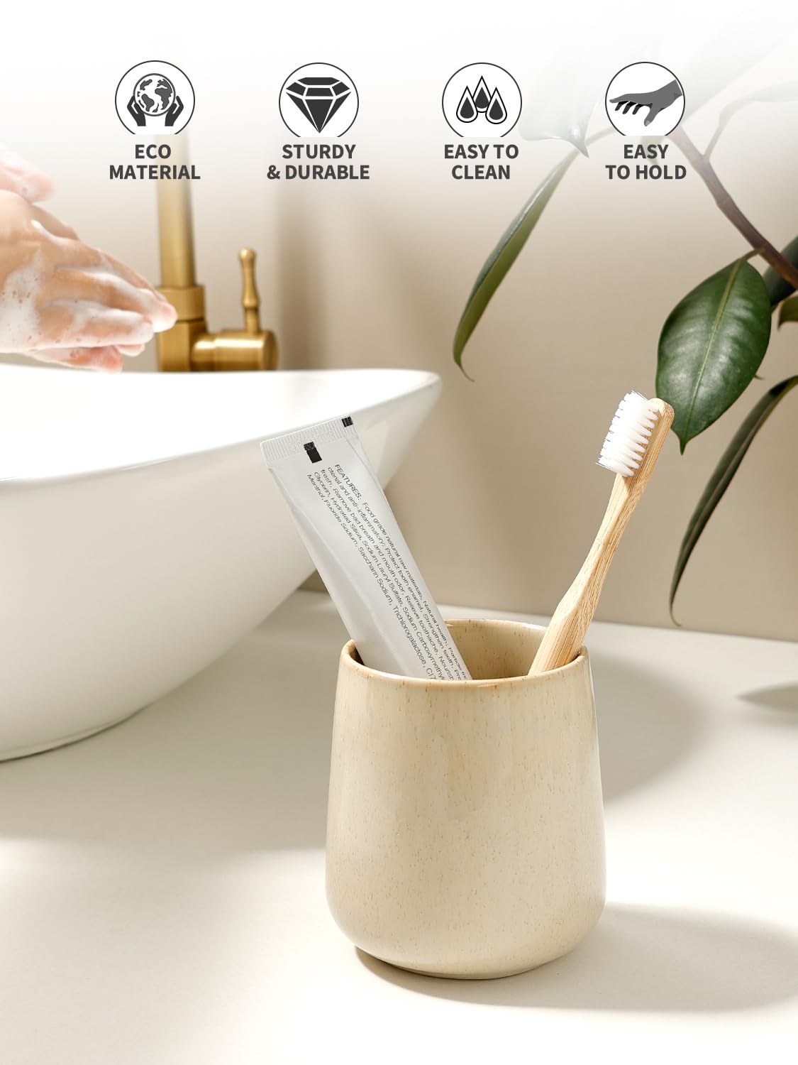 BosilunLife Bathroom Toothbrush Holder - Ceramic Toothbrush Cup Holder 13Oz Greige Toothbrush Holder for Bathroom Toothbrush and Toothpaste Holder for Bathroom Vanity Countertop, Ideal for Home, Hotel