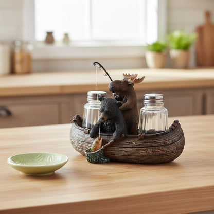 Comfy Hour 6.7" Moose and Bear Fishing in Canoe Salt and Pepper Shaker Duo (Empty Bottle Set Included), Decorative Rustic Lodge Cabin Style Figurine Holder, 1 Unit