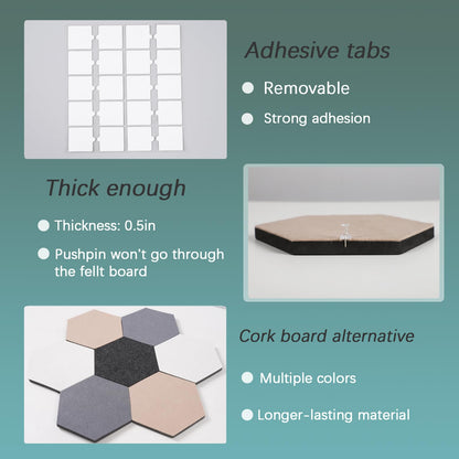 Afumazi Felt Bulletin Board Tiles, 8 Pcs Hexagon Wall Tiles with Removable Adhesive, 7.9×6.9 Inch Cork Pin Board for Classroom, Home, Office (Set C, Middle)