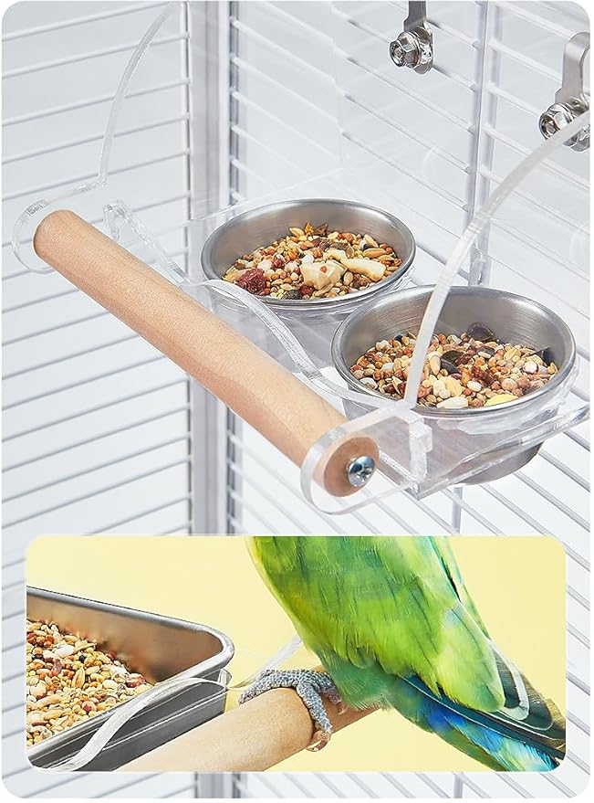 Bird Cage Seed Catcher Feeder with Perch and Anti-Slip Stand, Parrot Food Bowl for Medium Birds, Conures, Caiques, Small Cockatoos (L)