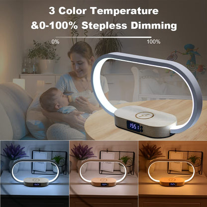 Donewin Bedside Lamp with Wireless Charger,Wooden Table Lamp with Charging Station,Touch Nightstand Lamp with Clock,3 Color Stepless Dimming Touch Lamp for Bedroom,Unique Gifts for Women