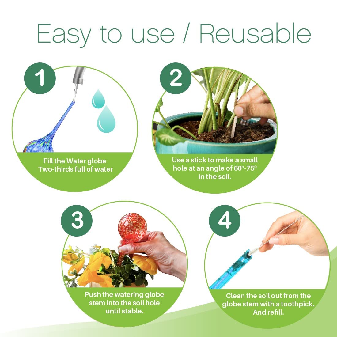 Trenton Gifts Plant Watering Globes - 6-Pack Self Watering Bulbs for Indoor and Outdoor Plants - Hand-Blown Decorative Glass Water Globes - 6" L x 2.5" D - 150ml