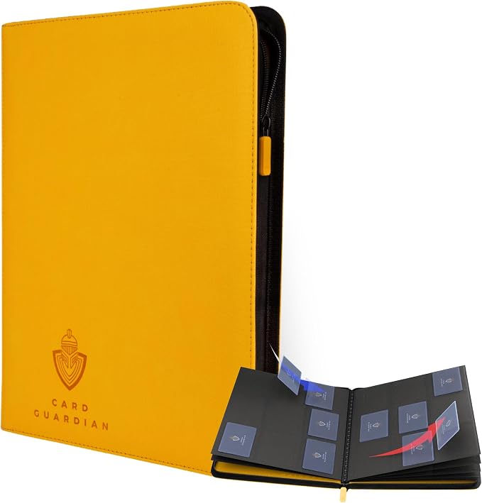 Card Guardian - 9 Pocket Premium Black Binder with Zipper for 360 Cards - Side Loading Pockets for Trading Card Games TCG (Yellow)