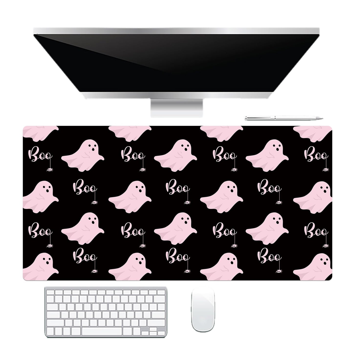 LB Funny Halloween Mouse Pad Cute Pink Ghost on Black Desk Mat for Keyboard and Mouse Desk Pad Large Gaming Mousepad Rubber Base Mouse Pad for Laptop Gaming Office Computer and Home, 31.5x15.7 inch